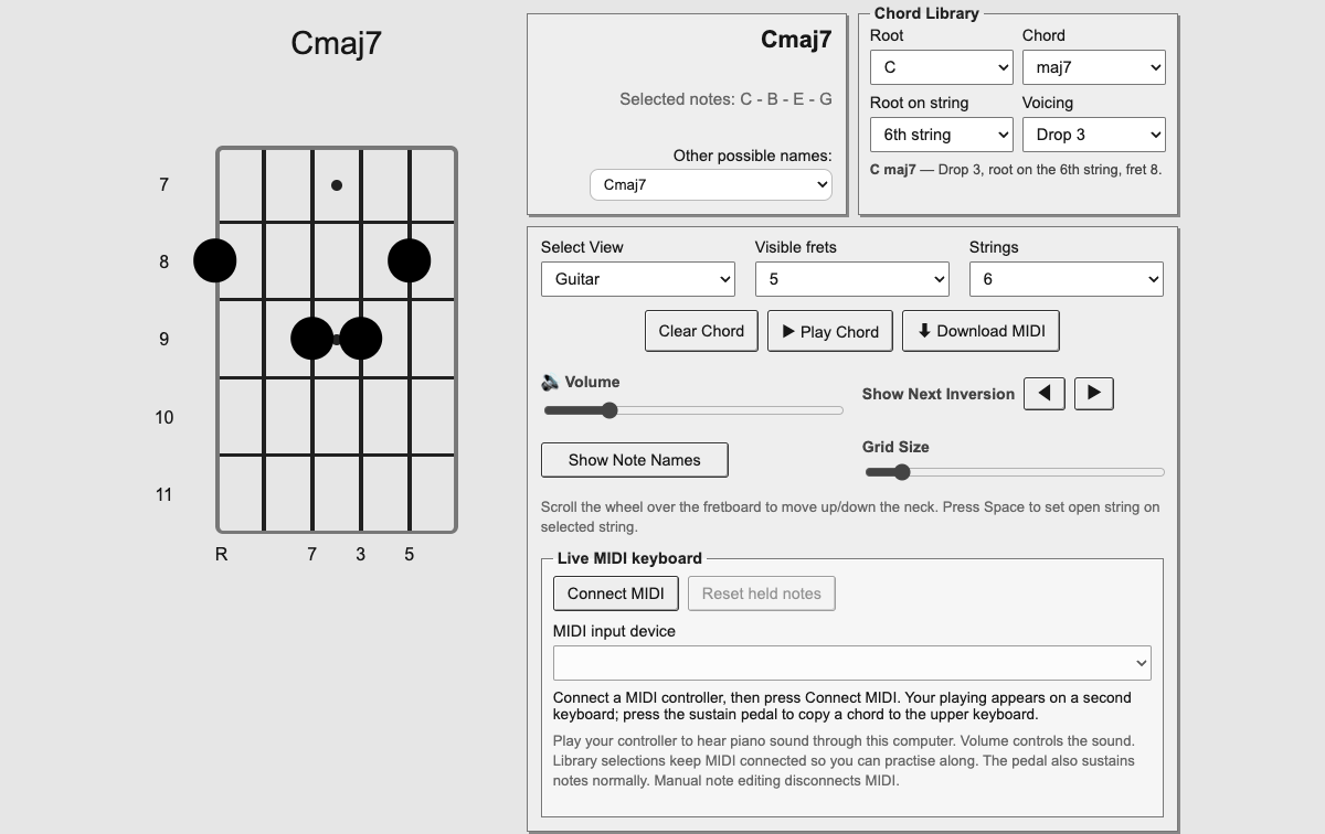 Chord Dictionary identifying a guitar chord, with Chord Library and inversion controls.