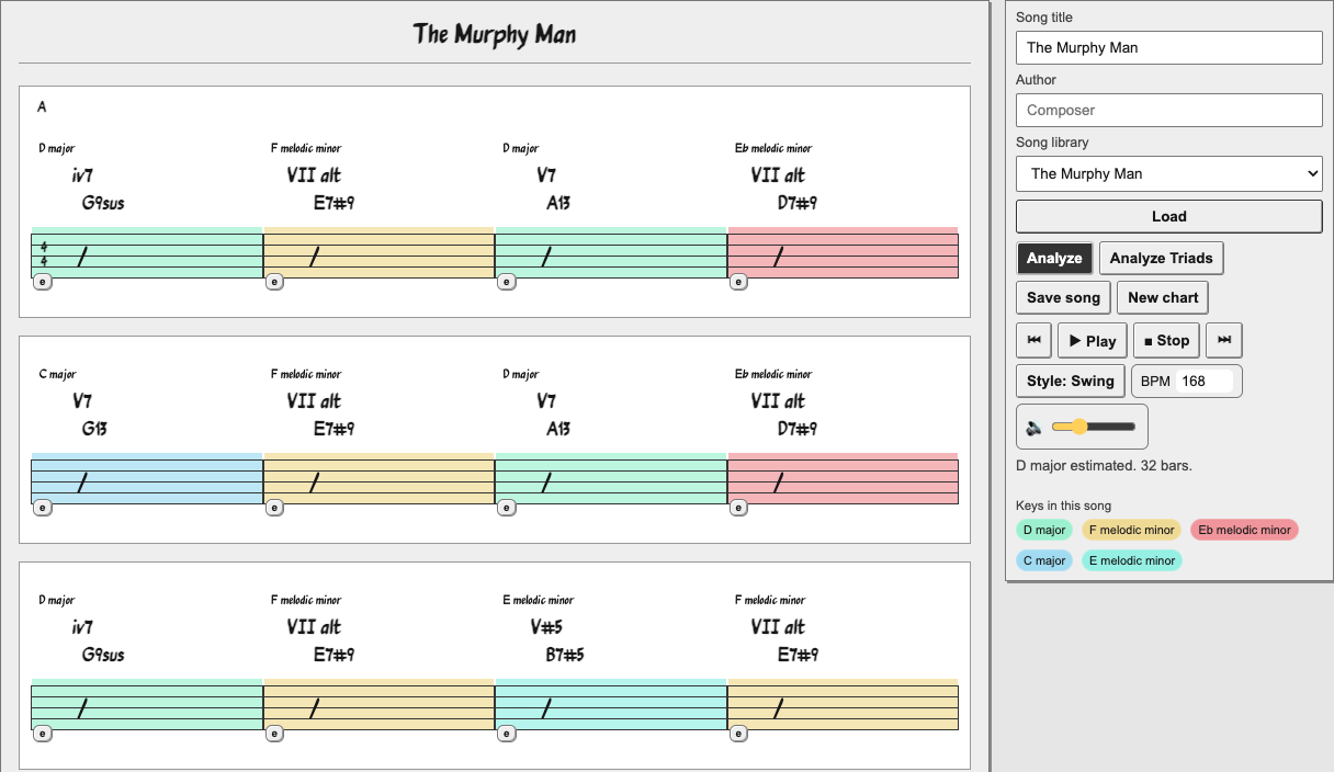 Songbook with an editable chord chart, harmonic analysis and playback controls.