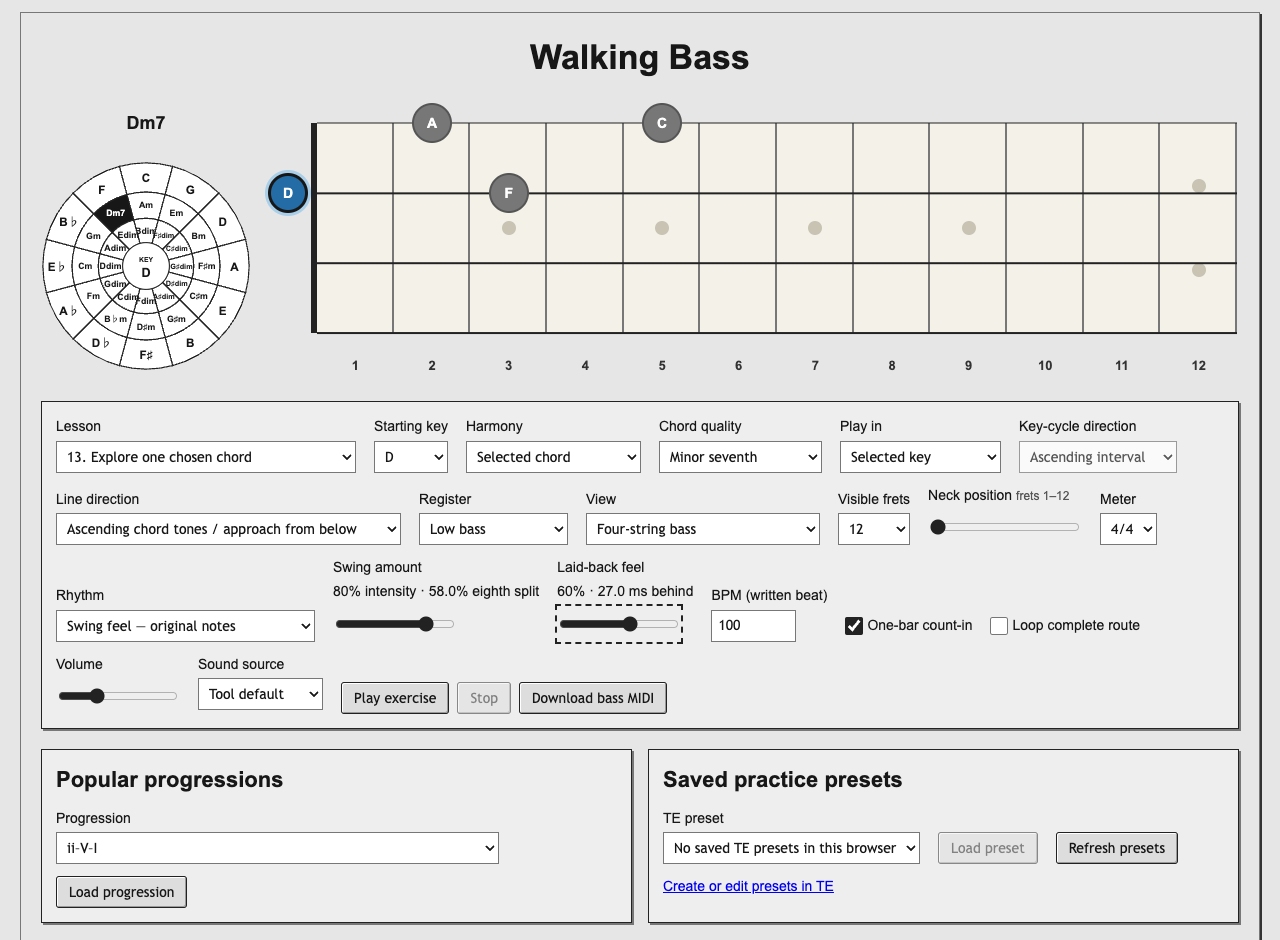 Walking Bass showing a four-string bass fretboard, major ii–V–I lesson and key-cycle practice controls.